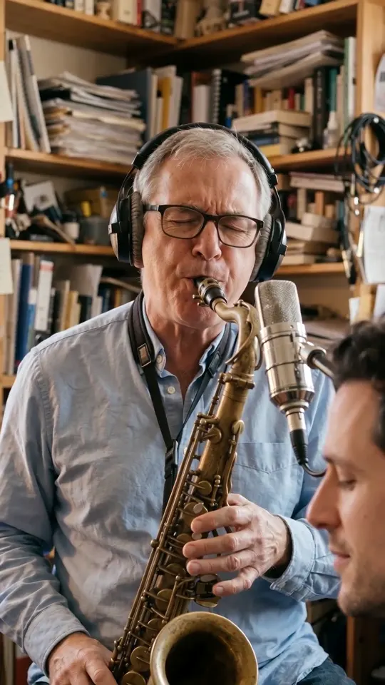 A grey-haired man with glasses in a light blue shirt plays a brass tenor saxophone into a studio microphone, bookshelves behind